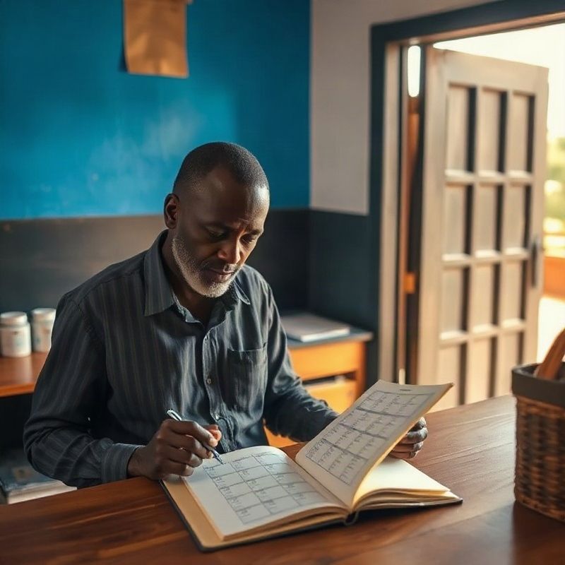 Novaupulse owner reviewing an appointment notebook at the shop counter in Kakamega