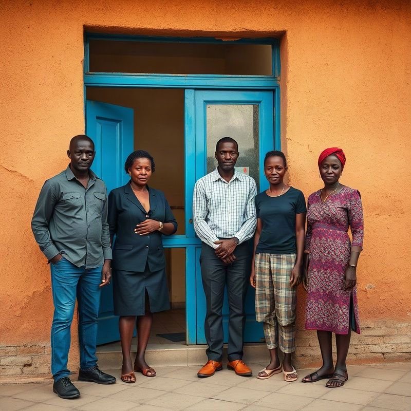 The four-person Novaupulse team standing outside their Kakamega shopfront in warm afternoon light