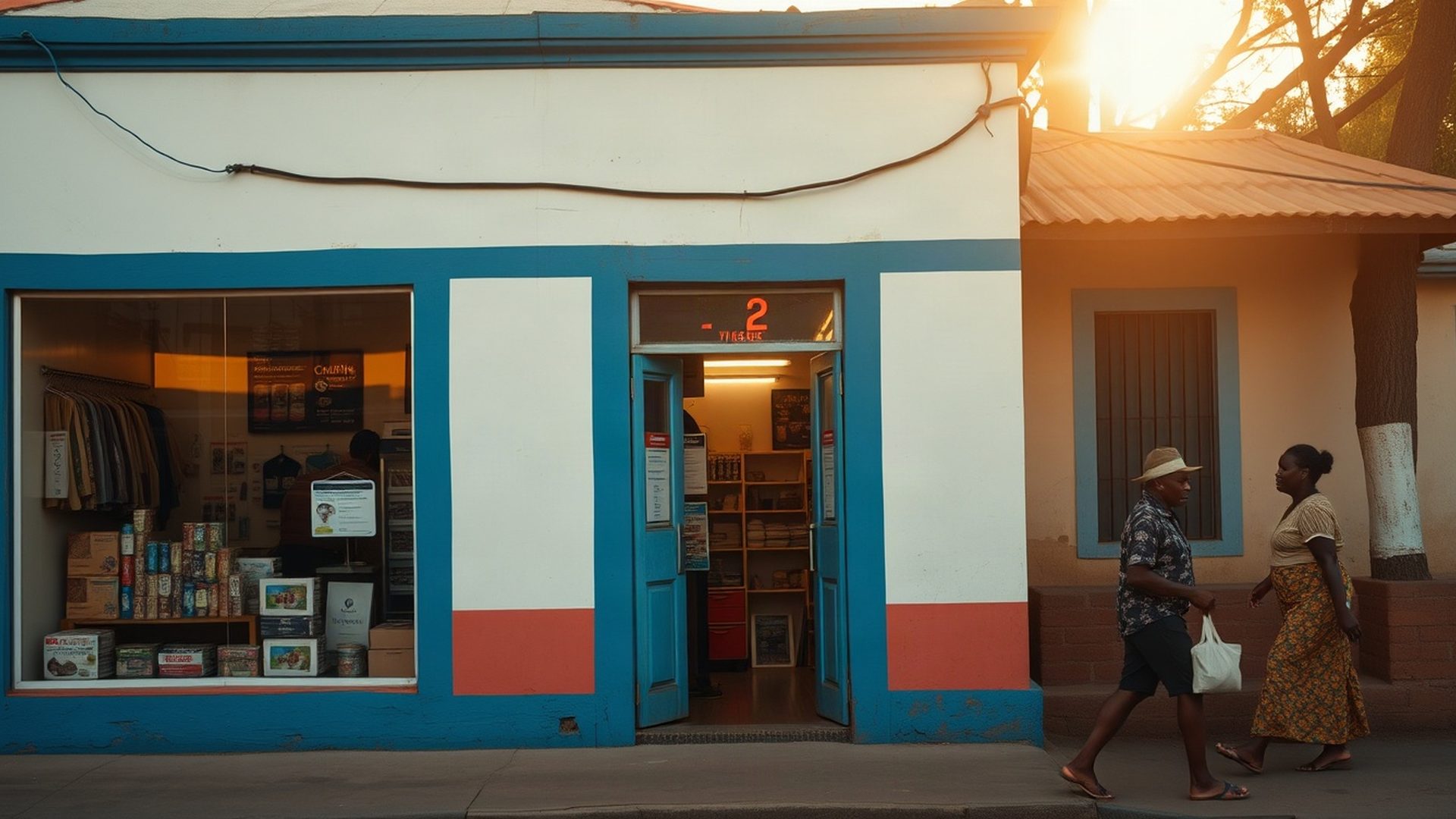 The Novaupulse shopfront in Kakamega with azure-blue trim in warm morning light